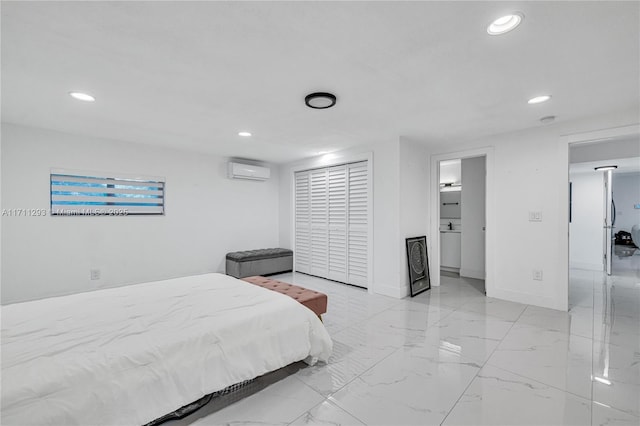 bedroom featuring a wall mounted AC, marble finish floor, baseboards, and recessed lighting