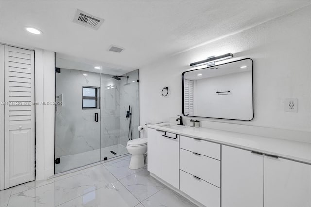 bathroom with visible vents, toilet, recessed lighting, a marble finish shower, and marble finish floor