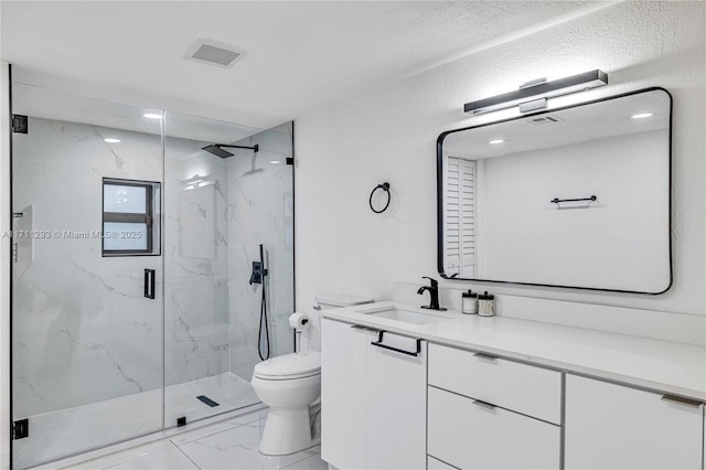 full bathroom with vanity, toilet, a marble finish shower, visible vents, and marble finish floor