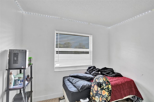 bedroom with carpet floors and a textured ceiling