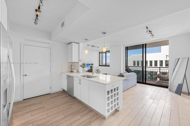 kitchen featuring white cabinets, track lighting, a healthy amount of sunlight, and sink