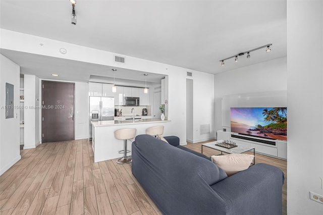 living room featuring rail lighting, light hardwood / wood-style floors, sink, and electric panel