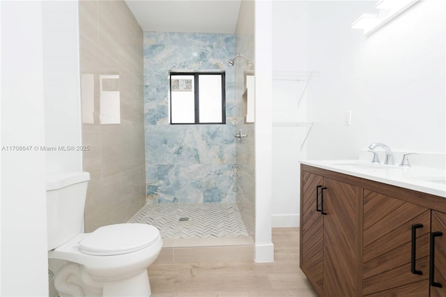 bathroom with vanity, a tile shower, and toilet