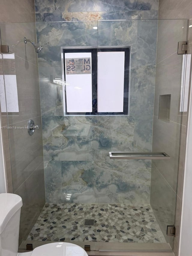 bathroom with a stall shower and toilet