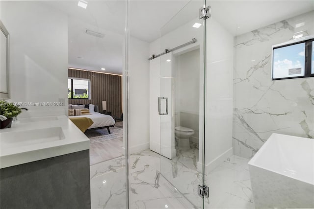 full bathroom featuring separate shower and tub, sink, a healthy amount of sunlight, and toilet