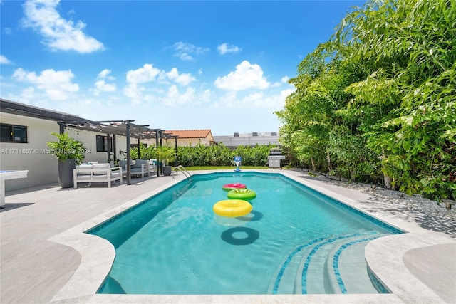 view of pool featuring an outdoor living space, a patio area, and a pergola