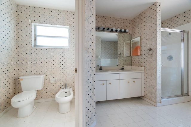 bathroom featuring tile patterned floors, a shower with door, toilet, and a bidet