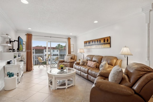 tiled living room with a textured ceiling and crown molding