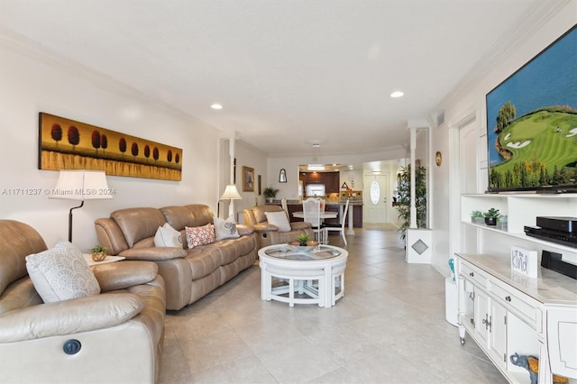 living room with crown molding