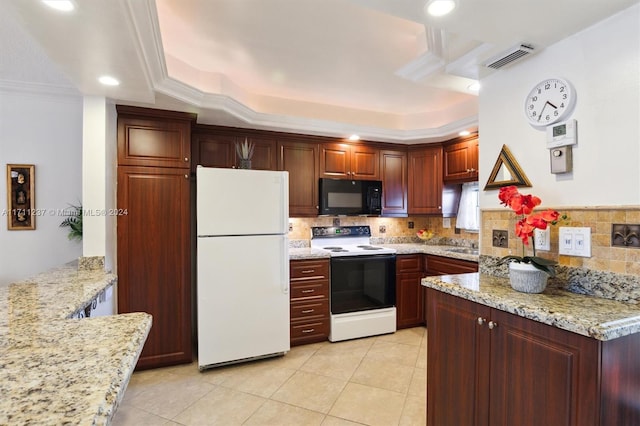 kitchen with light stone countertops, range with electric stovetop, light tile patterned floors, crown molding, and white refrigerator