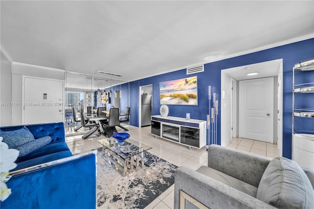 tiled living room featuring ornamental molding