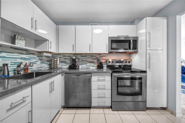 kitchen featuring sink, dark stone counters, decorative backsplash, white cabinets, and appliances with stainless steel finishes