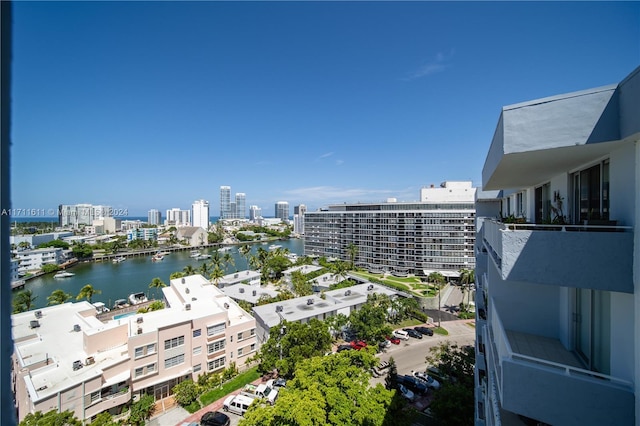 bird's eye view with a water view