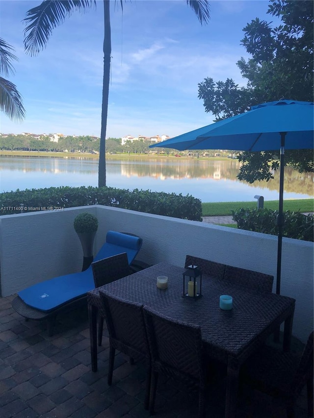 view of patio / terrace featuring a water view