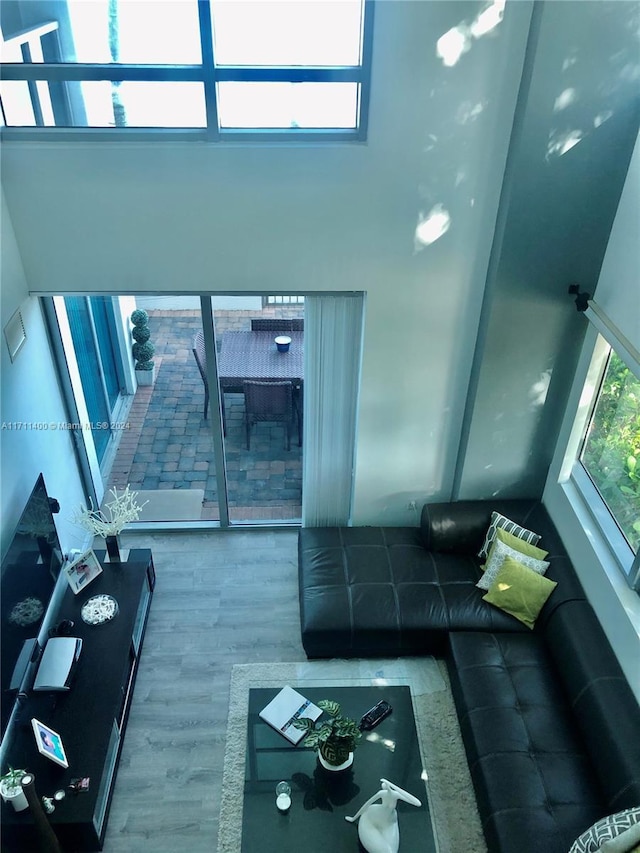 living room with hardwood / wood-style floors and a towering ceiling