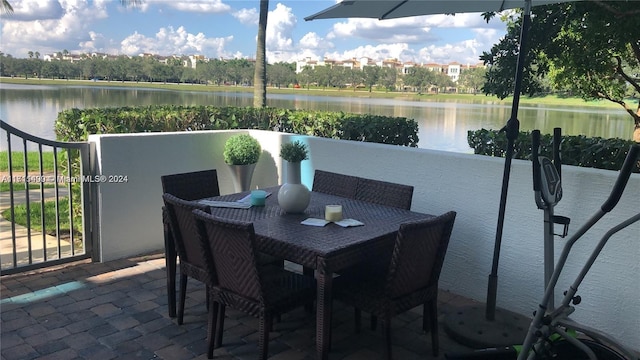 view of patio with a water view