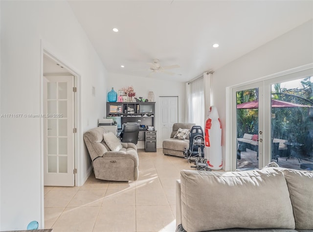 living area featuring light tile patterned floors, a wealth of natural light, and recessed lighting