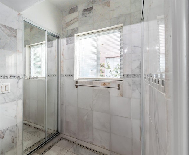 bathroom with plenty of natural light and a shower stall