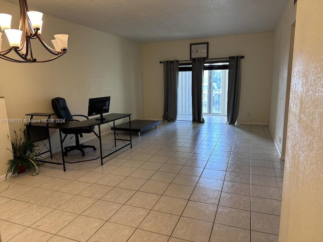 tiled office space with a notable chandelier