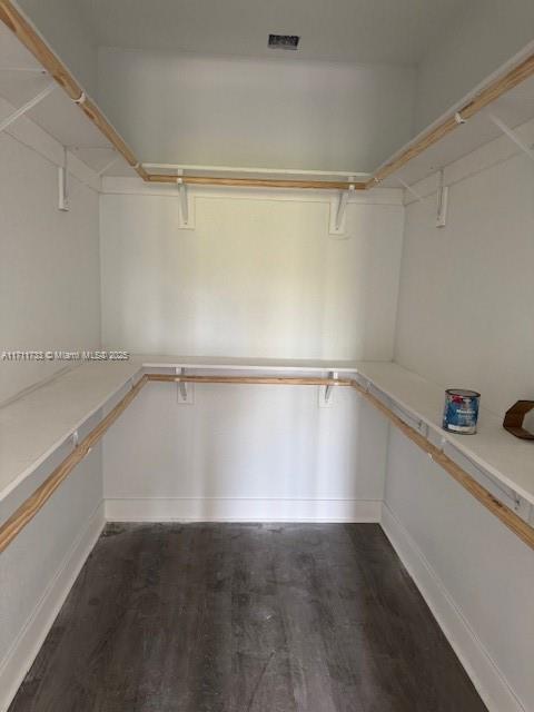 spacious closet featuring visible vents and dark wood finished floors