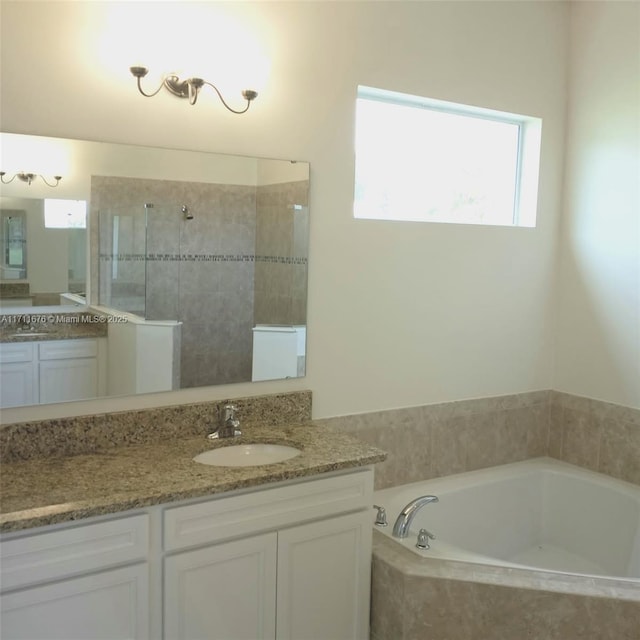 bathroom with vanity and separate shower and tub