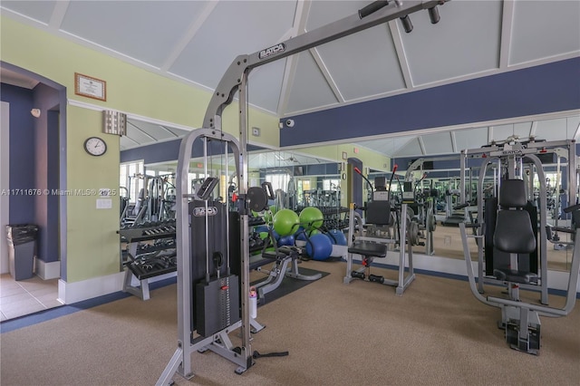 workout area featuring carpet floors and vaulted ceiling