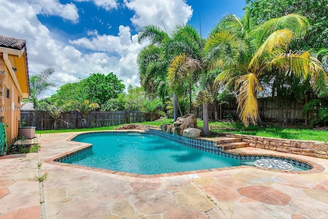 view of pool featuring a patio area, a fenced backyard, and a fenced in pool