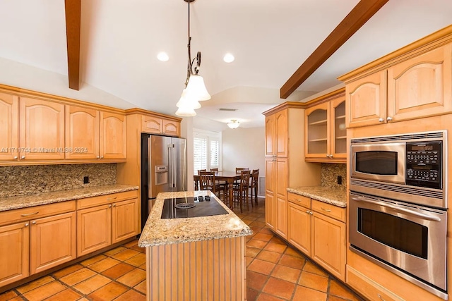 kitchen with backsplash, stainless steel appliances, decorative light fixtures, vaulted ceiling with beams, and a kitchen island