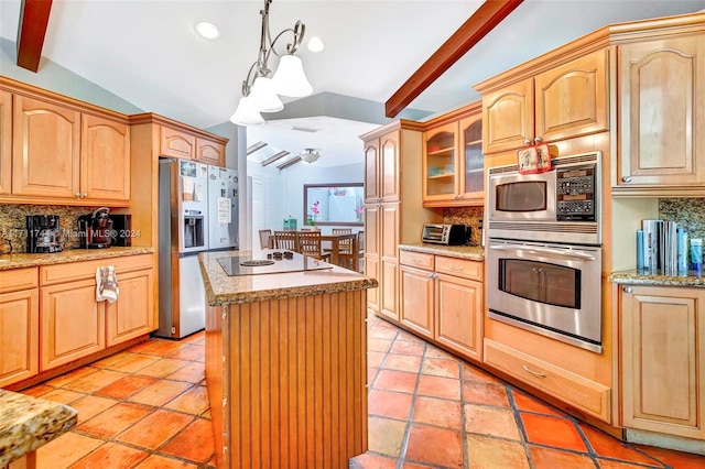 kitchen with lofted ceiling with beams, a center island, decorative backsplash, and appliances with stainless steel finishes