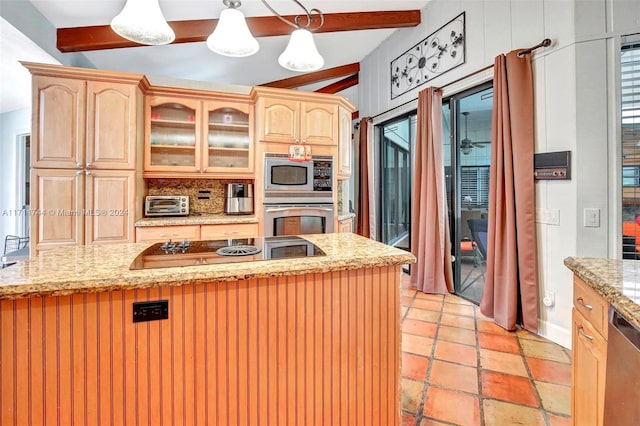 kitchen with light stone countertops, hanging light fixtures, lofted ceiling with beams, backsplash, and appliances with stainless steel finishes