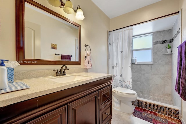 bathroom with tile patterned floors, vanity, a shower with shower curtain, and toilet