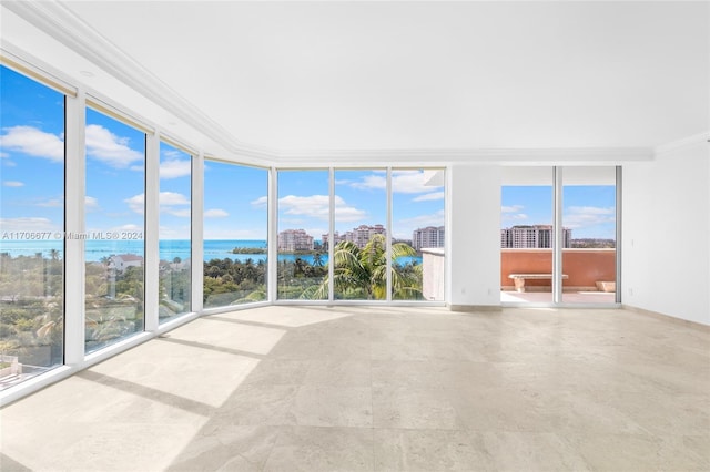 unfurnished sunroom with a water view and a healthy amount of sunlight