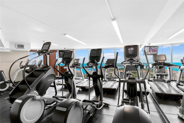 exercise room featuring floor to ceiling windows