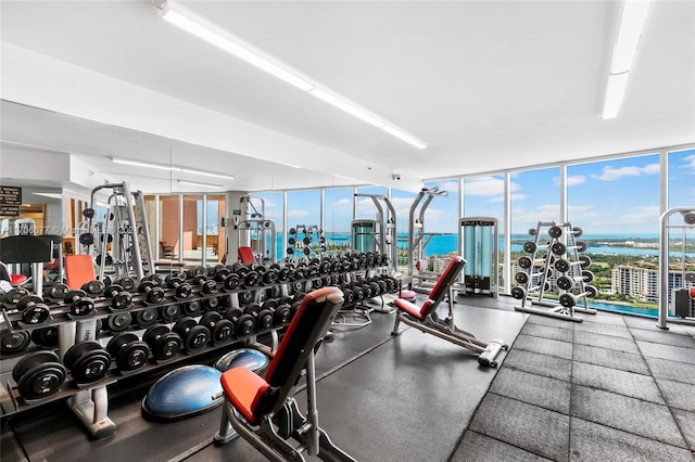 exercise room featuring expansive windows, a water view, and a healthy amount of sunlight