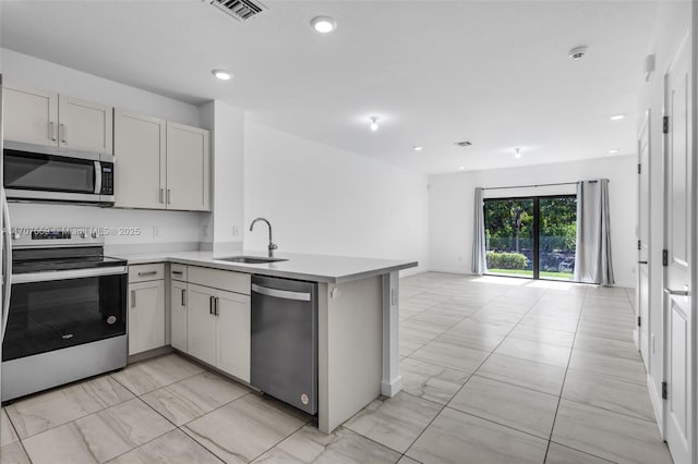 kitchen with kitchen peninsula, white cabinetry, sink, and stainless steel appliances