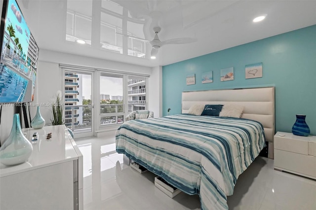 tiled bedroom with access to exterior and ceiling fan