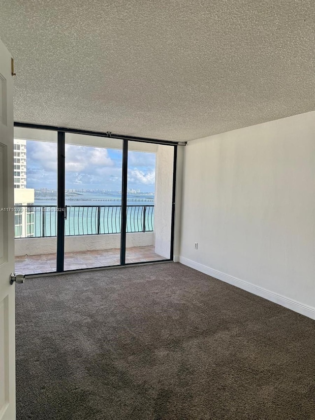 unfurnished room with carpet, a water view, and a textured ceiling