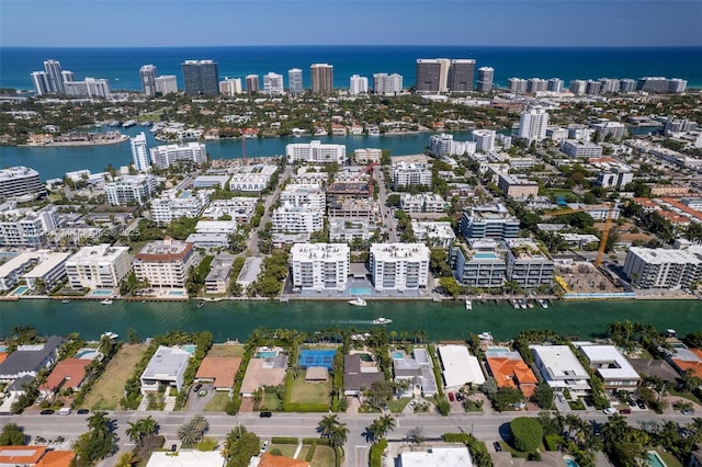 bird's eye view with a water view and a view of city