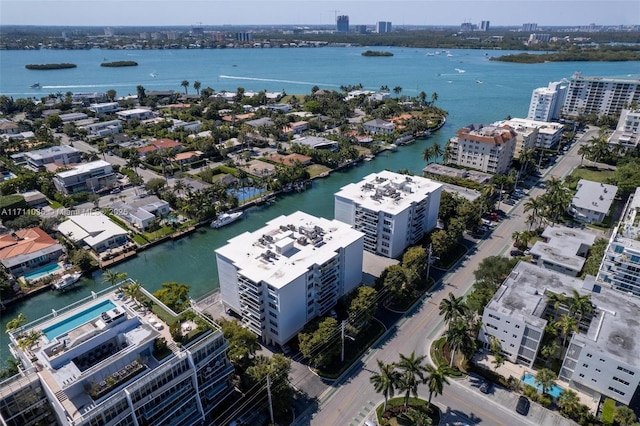 aerial view with a water view and a view of city