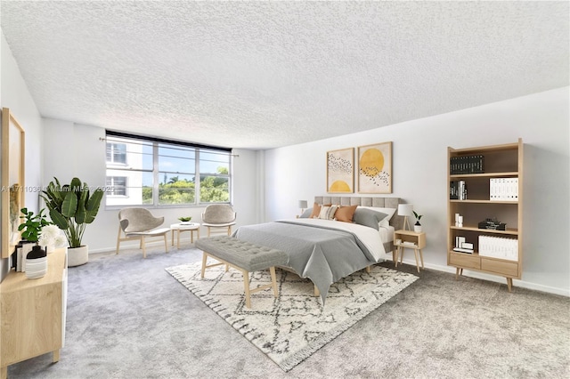 carpeted bedroom featuring a textured ceiling and baseboards