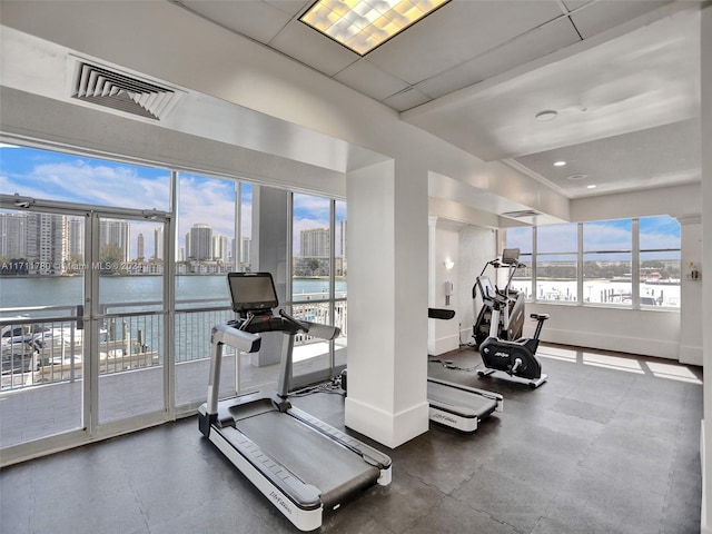 workout area with a water view