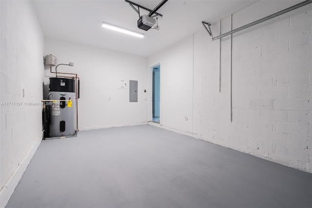 garage with electric panel, water heater, and a garage door opener