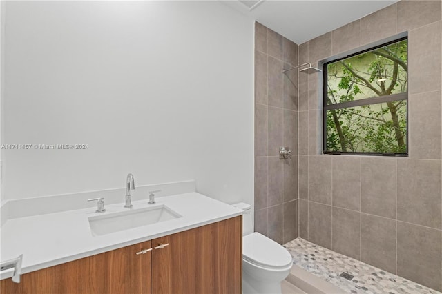 bathroom featuring a tile shower, vanity, and toilet