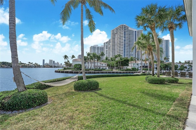 view of home's community featuring a water view and a lawn