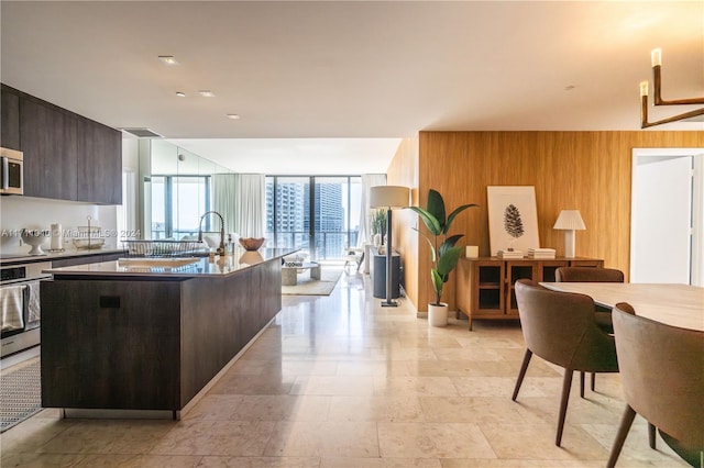 kitchen featuring dark brown cabinetry, stainless steel appliances, wooden walls, sink, and a wall of windows