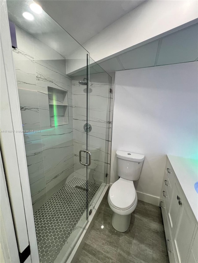 bathroom with vanity, a shower with shower door, and toilet