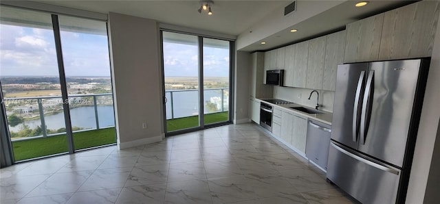 kitchen with sink, stainless steel appliances, plenty of natural light, and a water view