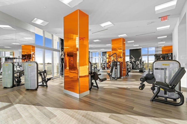 gym with light hardwood / wood-style floors and expansive windows