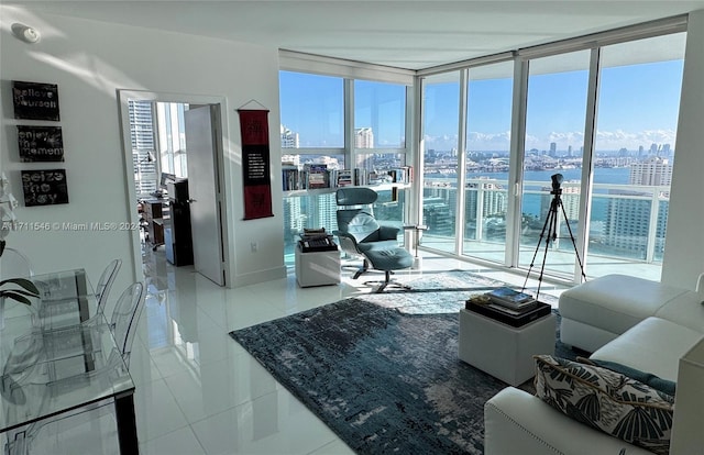 tiled living room with expansive windows