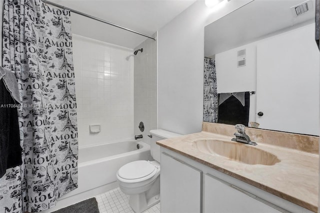 full bathroom with tile patterned flooring, vanity, toilet, and shower / bathtub combination with curtain